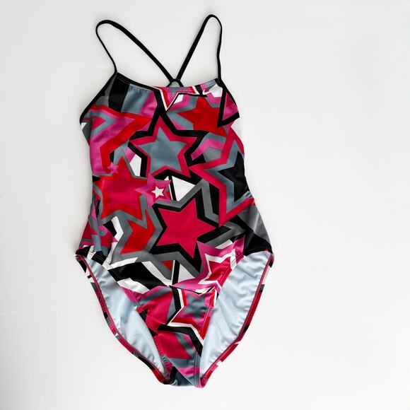[Nike] Red Black Star Print Thin Strap One-Piece Competition Swimsuit Size 10/36 - Picture 1 of 11